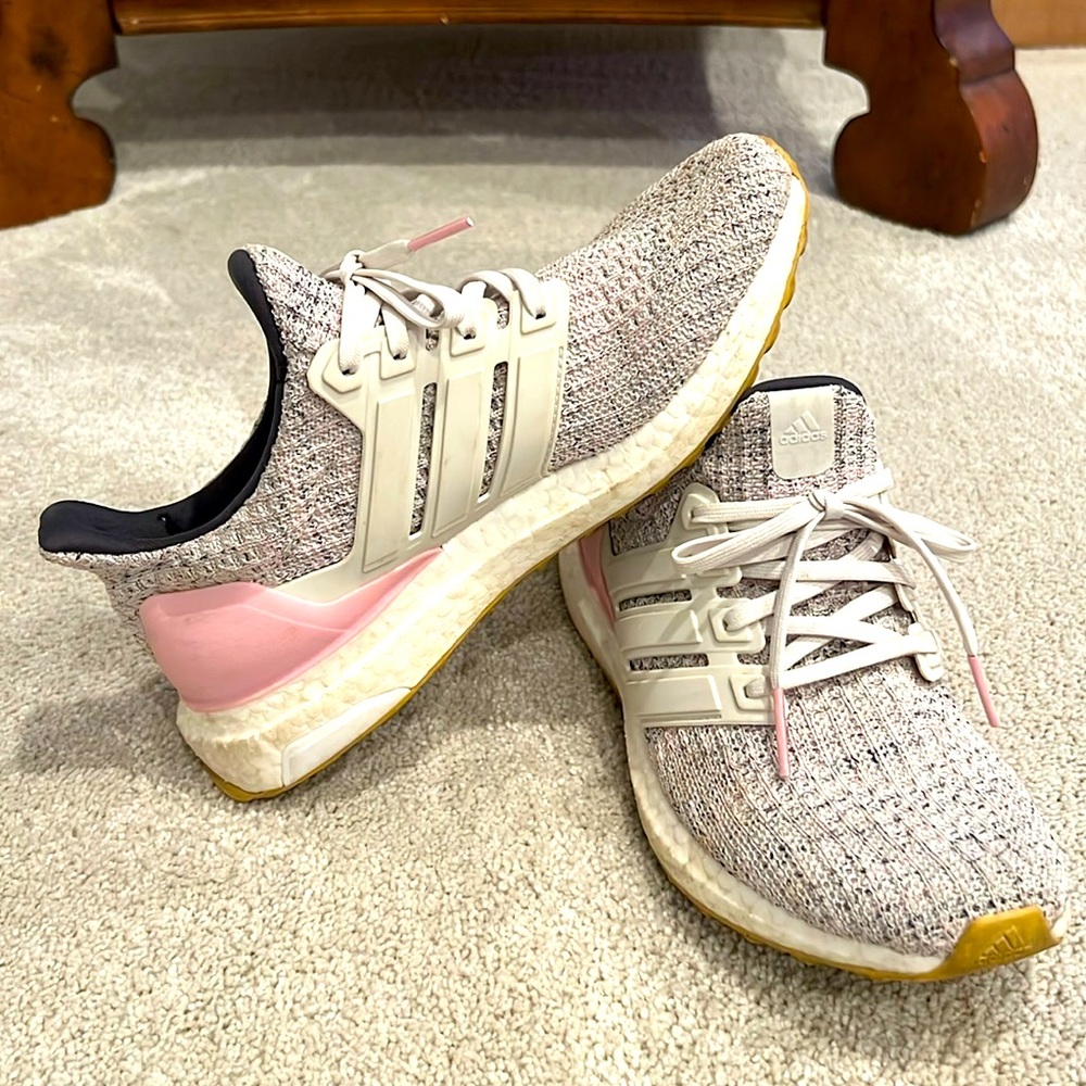 Adidas ultra boost sneakers pink gray white 5.5 kids or 7 women’s